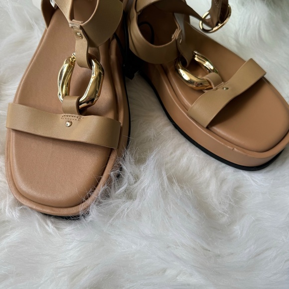 Zara Embellished Leather  Flatform Sandal Beige Size 7.5 - Picture 4 of 14